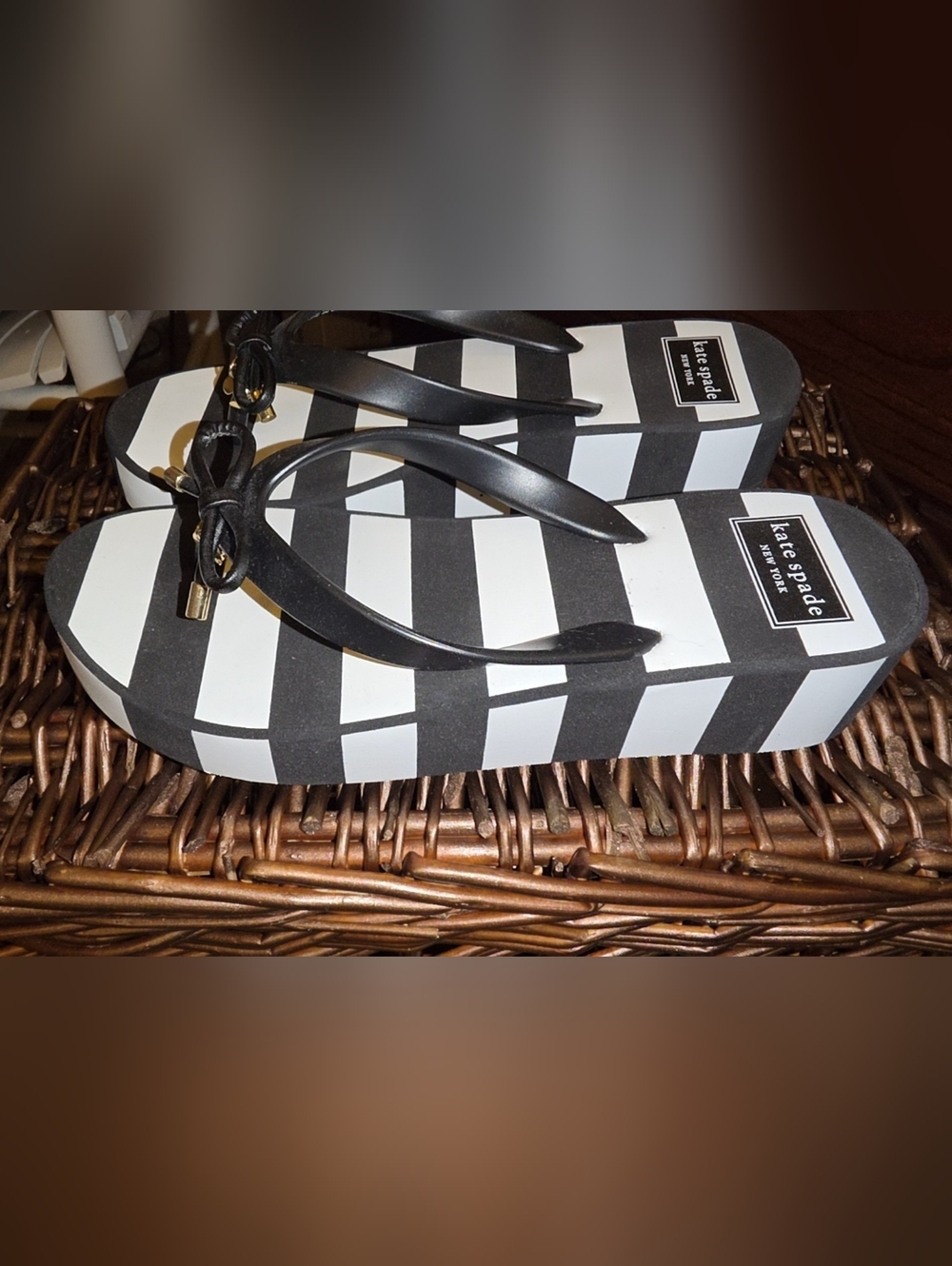 Kate Spade Black and White Striped Flip Flops Size 7